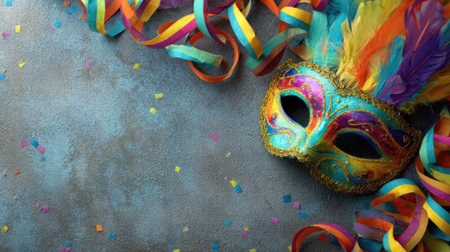 colorful carnival mask with feathers and confettiの素材