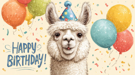 cute singing lama with party hat and birthday balloons on colorful confetti background illustrationの素材