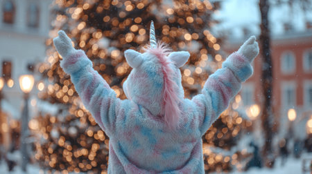 cute funny unicorn on christmas market in winterの素材