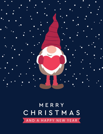 christmas greeting card with cute dwarf holding hearts and snowy background vector illustrationのイラスト素材