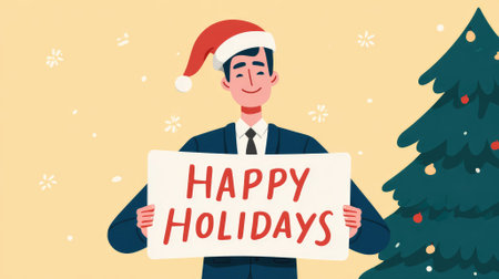 happy business man with santa hat and merry christmas sign illustrationの素材