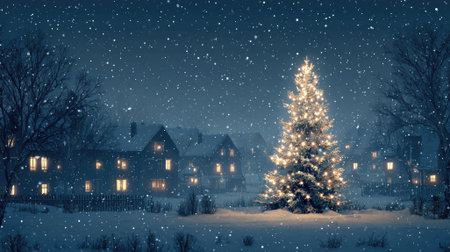 decorated christmas tree in little town on snowy winter eveの素材