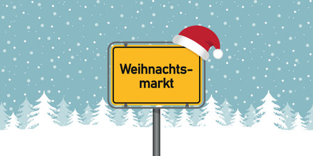 place sign with german word christmas market in snowy winter landscape vector illustrationのイラスト素材