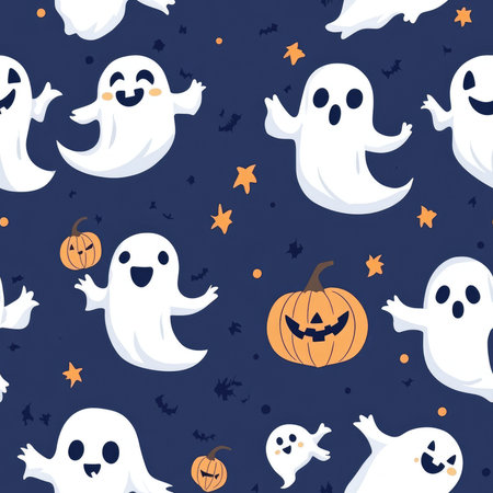 halloween seamless pattern with ghosts and pumpkins illustrationの素材