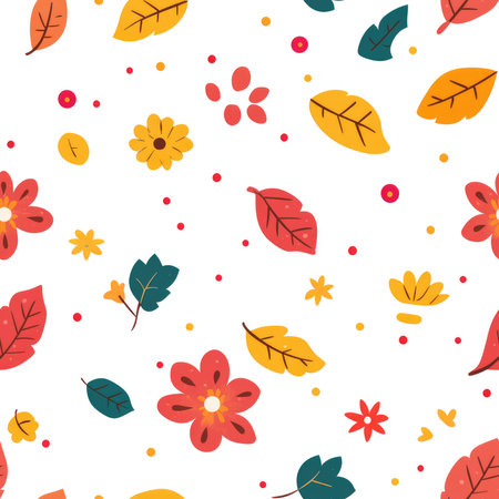 autumn leaves and flowers seamless pattern background illustrationの素材