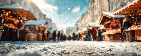 blurred background christmas market on sunny winter dayの素材