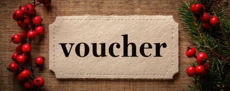 paper tag with word voucher on christmas tree branch backgroundの素材