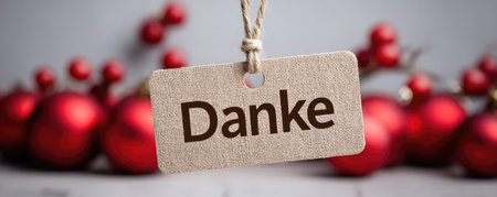hanging paper tag with german word thank you on christmas background with red decorationの素材