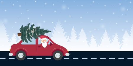 santa drive with red car and christmas tree in snowy winter landscape vector illustrationのイラスト素材