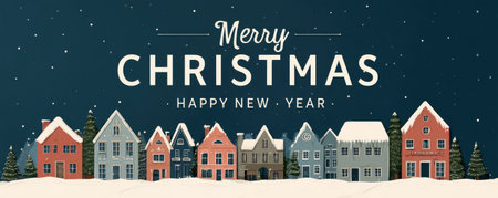 christmas greeting card with winter village illustrationの素材