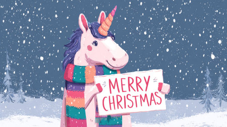 cute unicorn with christmas greeting sign standing in winter forest illustrationの素材