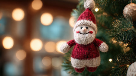 hanging knitted santa figure on decorated christmas treeの素材