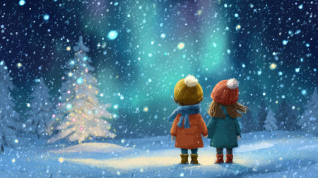 cute children looks up at the sky at the northern lights in winter landscape illustrationの素材