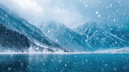 blue river on foggy day in winter forest illustrationの素材