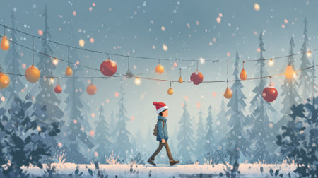 little boy with a festive santa hat surrounded by sparkling lights in decorated park illustrationの素材