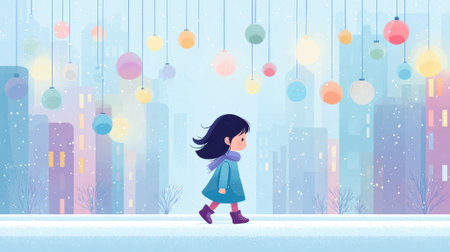 little girl walk on street with colorful hanging christmas decoration illustrationの素材