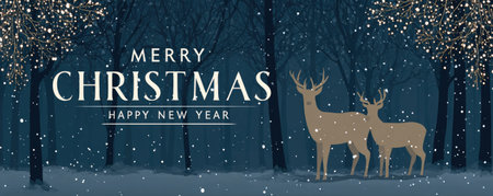 christmas greeting card with deer in forest illustrationの素材