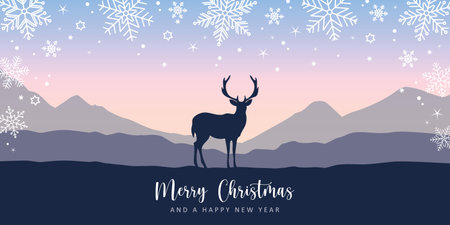 christmas design with deer in mountain winter landscape vector illustrationのイラスト素材