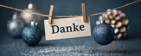 hanging paper tag with german word thank you on christmas background with blue decorationの素材