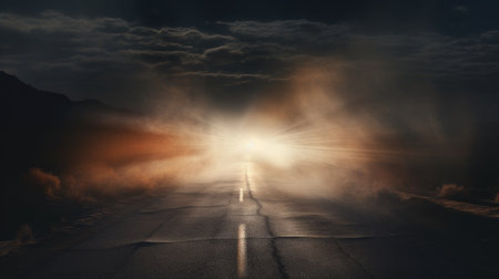 bright light at the end of the road at nightの素材