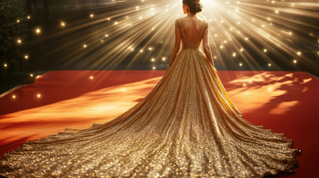 woman in elegant dress walk on red carpet at vip eventの素材