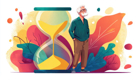 senior man stands next to an hourglass metaphorical illustrationの素材