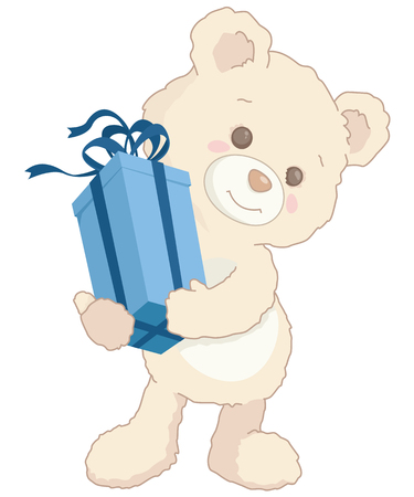 Cute little teddy bear holding a blue present illustration.のイラスト素材