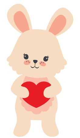 Cute Little Beige Rabbit Holding Red Heart Valentines Day Card Flat Vector Illustration Isolated on Whiteのイラスト素材