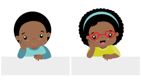 Cute Little Black Boy and Girl Kawaii Style With Banner Set Flat Vector Illustration Isolated on Whiteのイラスト素材