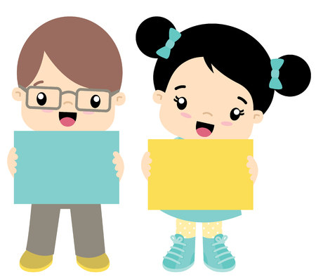 Cute Little Kawaii Style Boy and Girl Standing and Holding Banner Flat Vector Illustration Isolated on Whiteのイラスト素材