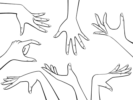 Vector Design Elements Set of Beautiful Woman Hands Black Outline Isolated on Whiteのイラスト素材