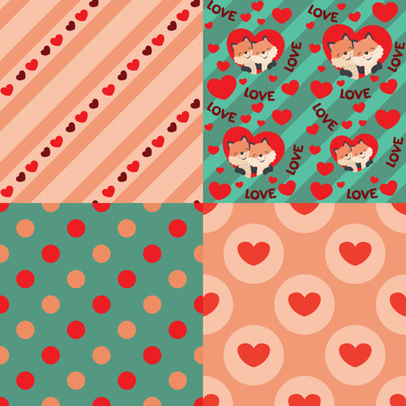 Cute  Style Fox in Heart Valentines Day Seamless Pattern Design Elements Set Vector Illustrationのイラスト素材