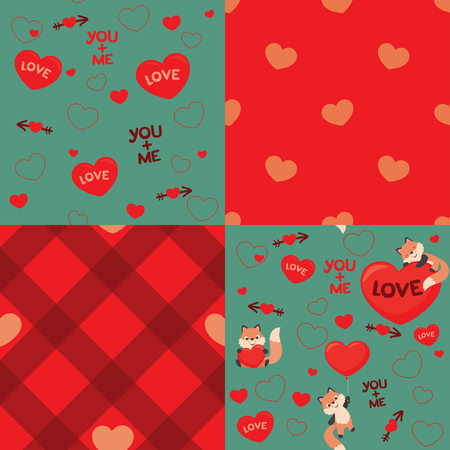Cute  Style Fox Love Valentines Day Seamless Pattern Design Elements Set Vector Illustrationのイラスト素材