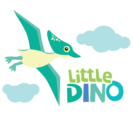 Cute Little Baby Pterodactyl Dinosaur Flying with Little Dino Lettering and Clouds Vector Illustrationのイラスト素材