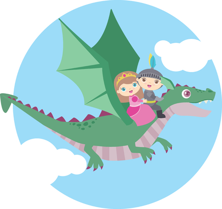 Cute little boy and girl flying on a dragon circle design. Isolated on white background.のイラスト素材