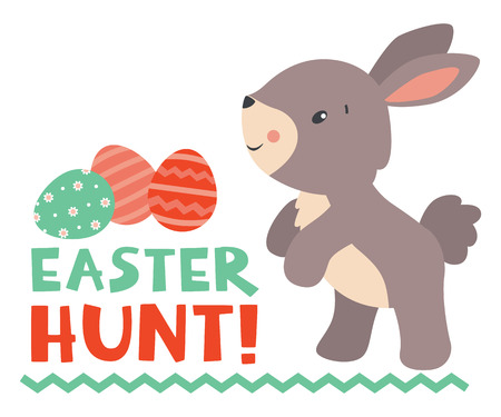 Cute little Easter rabbit with Easter hunt text and Easter eggs. Vector illustration. isolated on white background.のイラスト素材