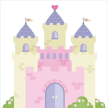 Cute princess castle with Hearts. Flat illustration, isolated on white background.のイラスト素材
