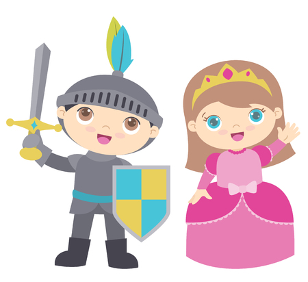 Cute little boy knight and girl princess. Vector illustration, isolated on white background.のイラスト素材