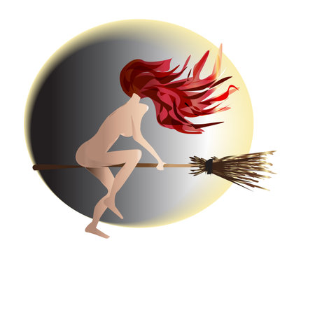 Witch, Broom,  Naked, Moon, Red Hair, Magic, Vector Illustrationのイラスト素材