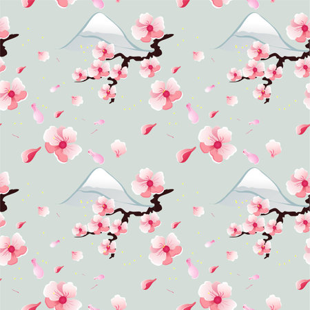 Vector seamless pattern illustrating a branch of blooming sakura, on a blue background.のイラスト素材