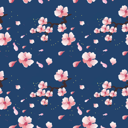 Vector seamless pattern illustrating a branch of blooming sakura, on a dark blue background.のイラスト素材