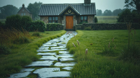 Old stone path leading to a house in the countryside in the Netherlandsの素材