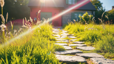 Stone pathway in the garden at sunset. Beautiful summer rural landscape.の素材