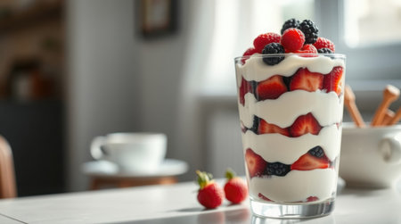 Delicious yogurt with berries in glass on table indoors, closeupの素材