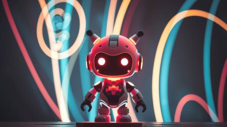 A toy robot on a background of neon lightsの素材