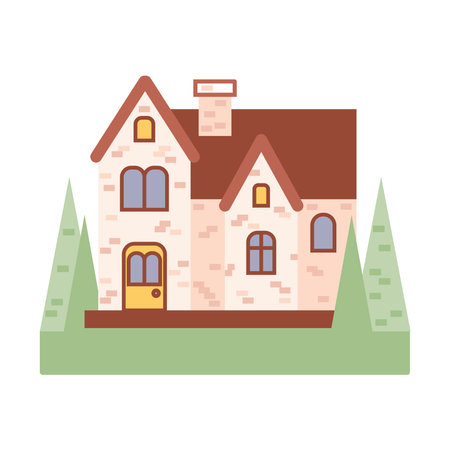 Cute house facade, cottage country vector illustration in flat style, isolated on white background.のイラスト素材