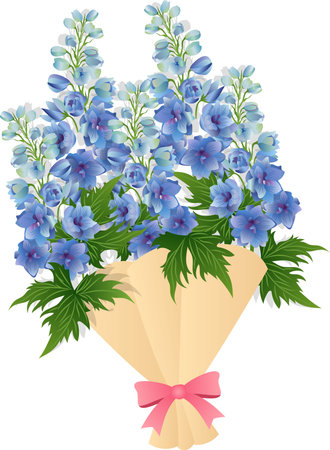 Beautiful flower bouquet wrapped in brown paper. Cute cards, content , banner, sticker label and posters for spring holiday. Gift for wedding, holiday concept.Delphinium flowers.のイラスト素材