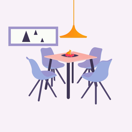 Dining table in kitchen with chairs, plates. Flat cartoon style vector illustration.のイラスト素材