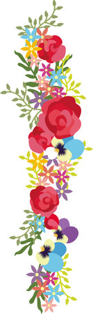 Vertical frame made of pansies flowers, roses and leaves. Frame, invitation template isolated on a white background. Vector.のイラスト素材