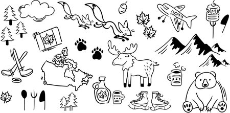 Canada traditional Doodle-style, hand-drawn set. Vector concept for greeting cards, banners and posters. Flag, maple leaves and animals.のイラスト素材